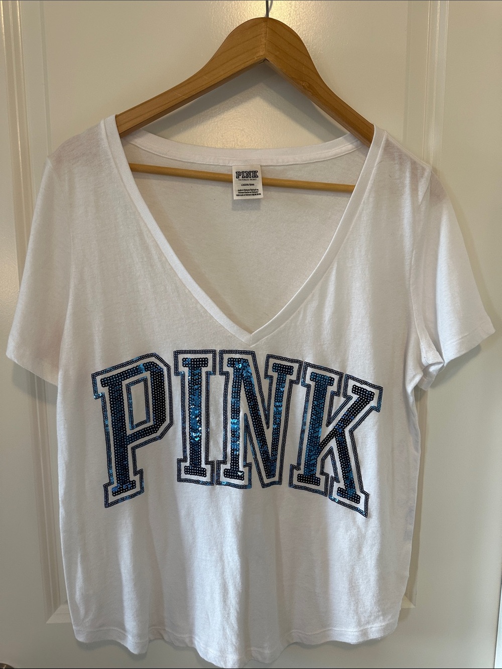 PINK Victoria's Secret White Tee with Blue Sequin Logo